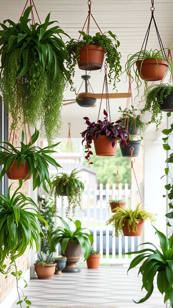 A beautiful display of hanging plants on a porch, featuring various green plants in terracotta pots.