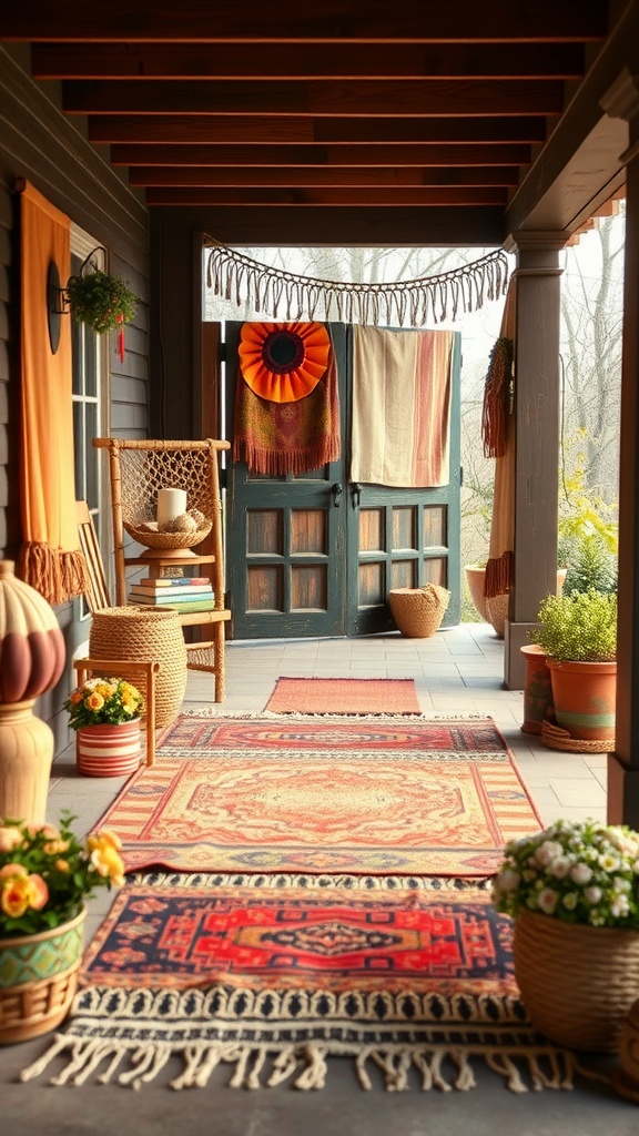A cozy boho front porch with layered rugs and textiles, featuring colorful patterns and textures.
