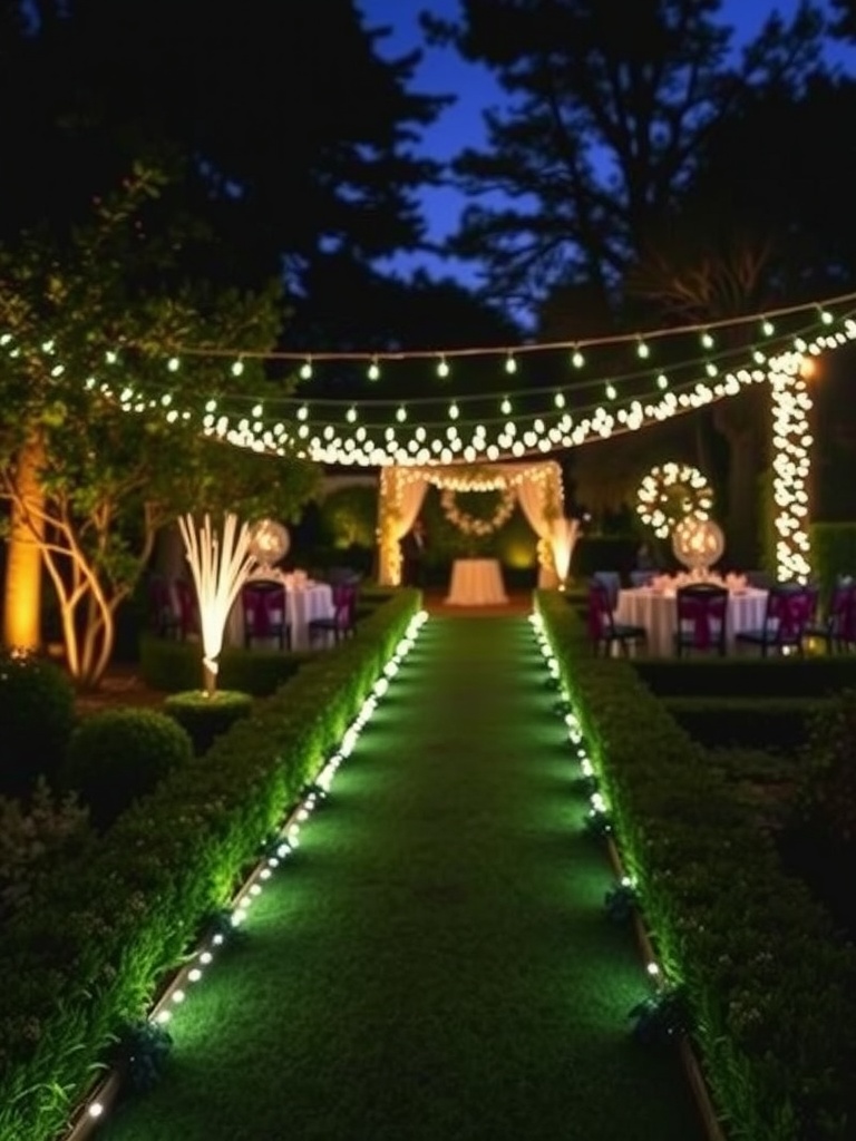 A beautifully lit garden pathway with LED strip lights along the edges.