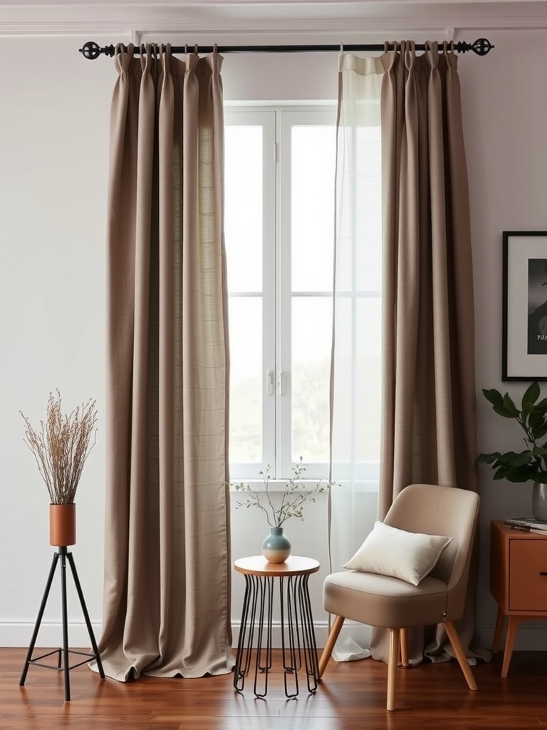 Lightweight cotton drapery panels hanging in a cozy living room