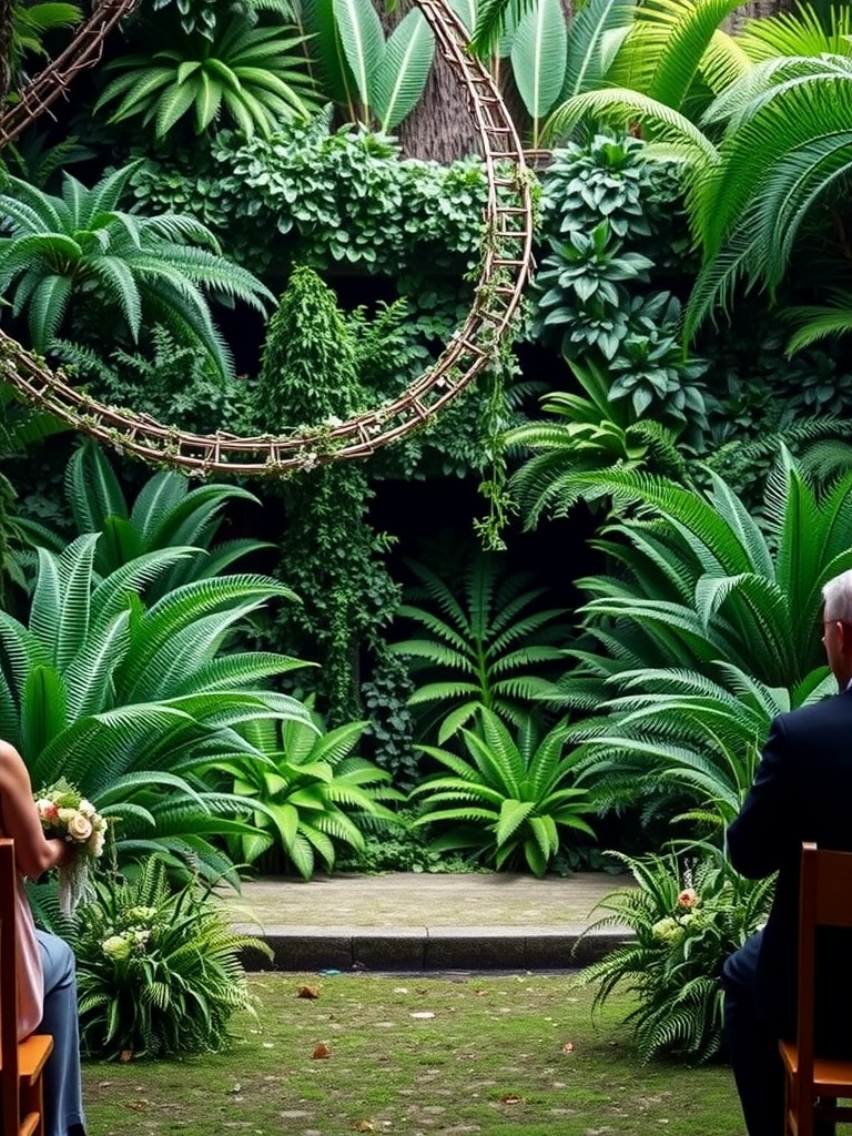 A wedding ceremony setup with lush greenery and ferns as a backdrop, featuring a simple arch.
