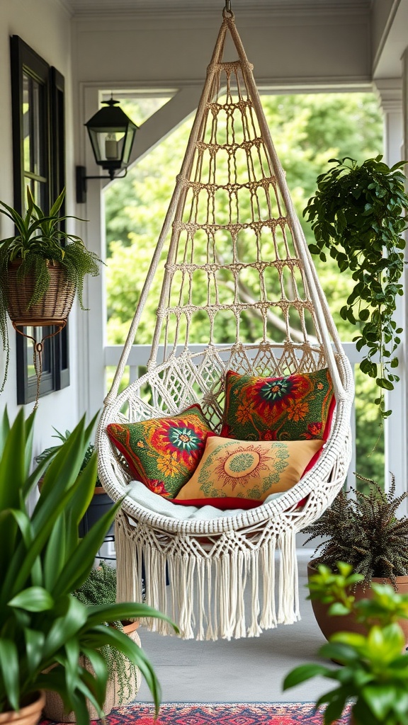 A macrame hanging chair with colorful cushions on a porch surrounded by plants.