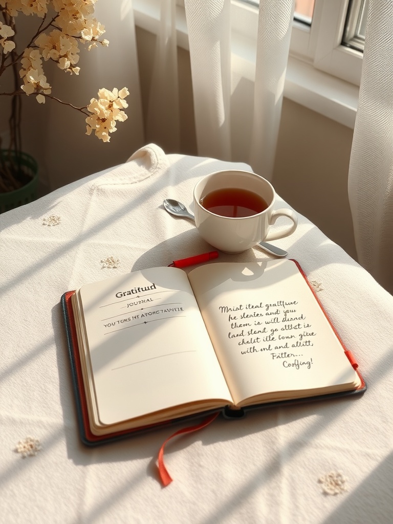 A gratitude journal with a cup of tea beside it, symbolizing daily reflection.