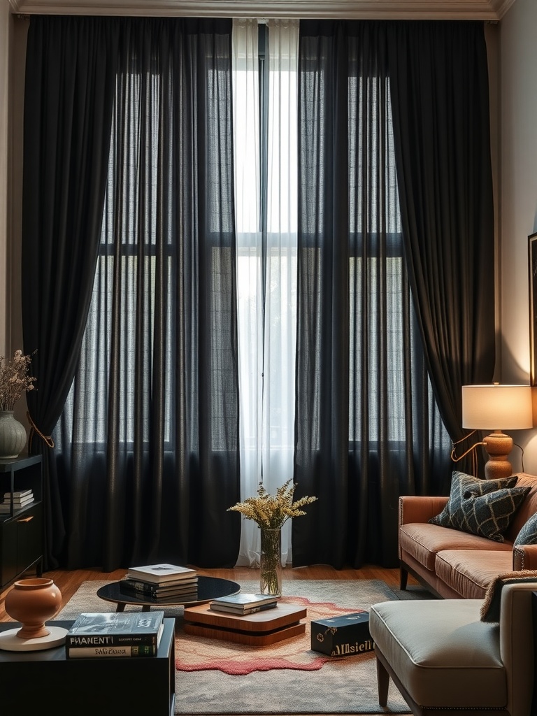 Elegant black drapery panels with metallic accents in a contemporary living room setting.