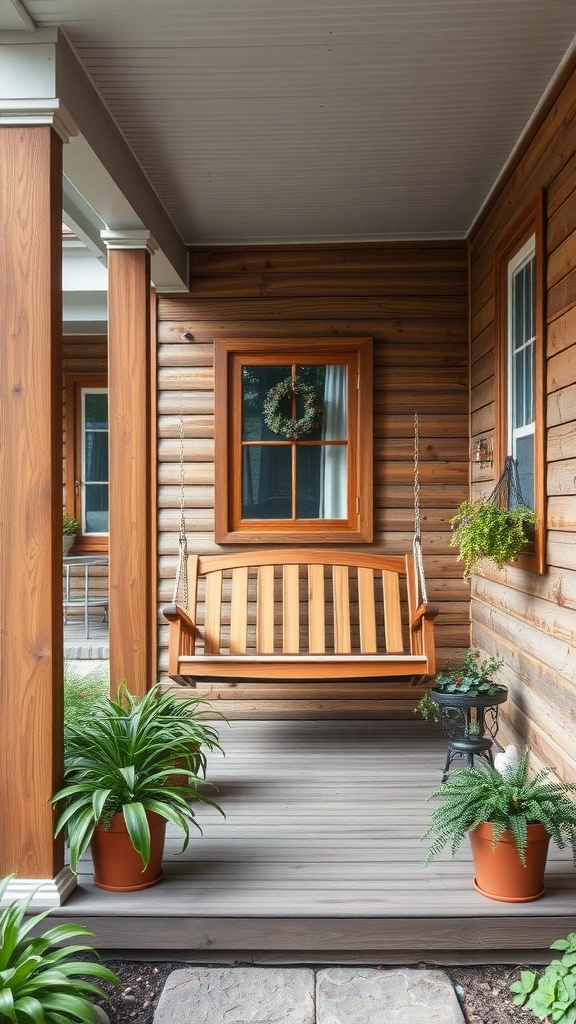 A cozy front porch featuring a wooden swing, potted plants, and natural wood finishes.