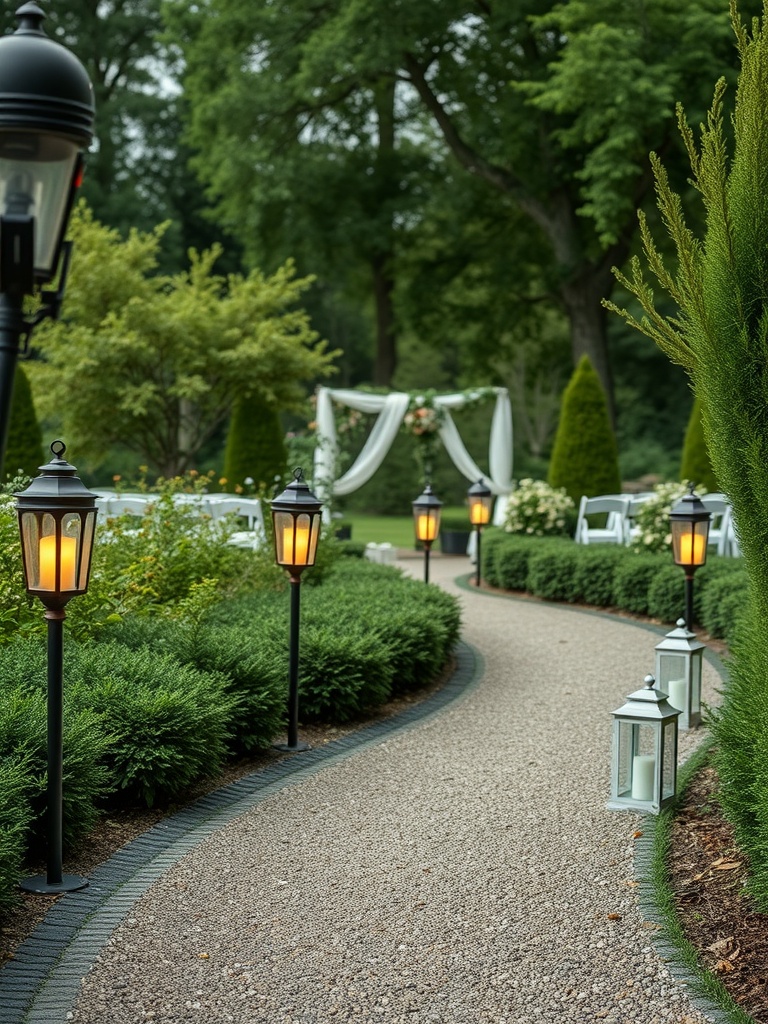 A beautifully lit pathway with solar lanterns in a garden setting