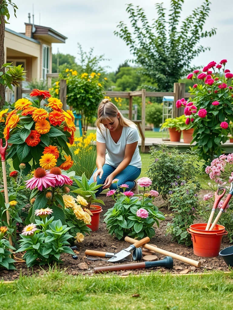 A woman tending to her colorful garden filled with various flowers.