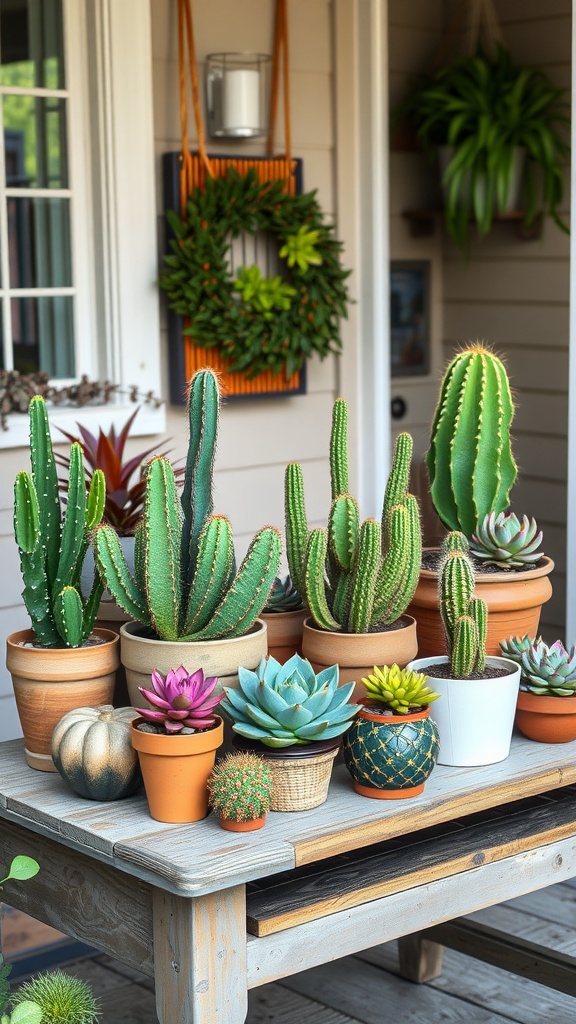 A collection of potted succulents and cacti on a wooden table on a front porch.