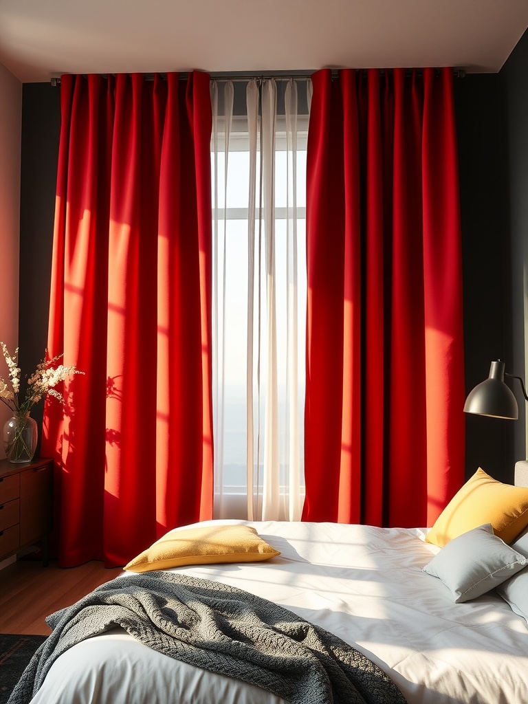 A bedroom featuring rich red blackout drapery panels alongside sheer curtains, creating a striking and inviting look.
