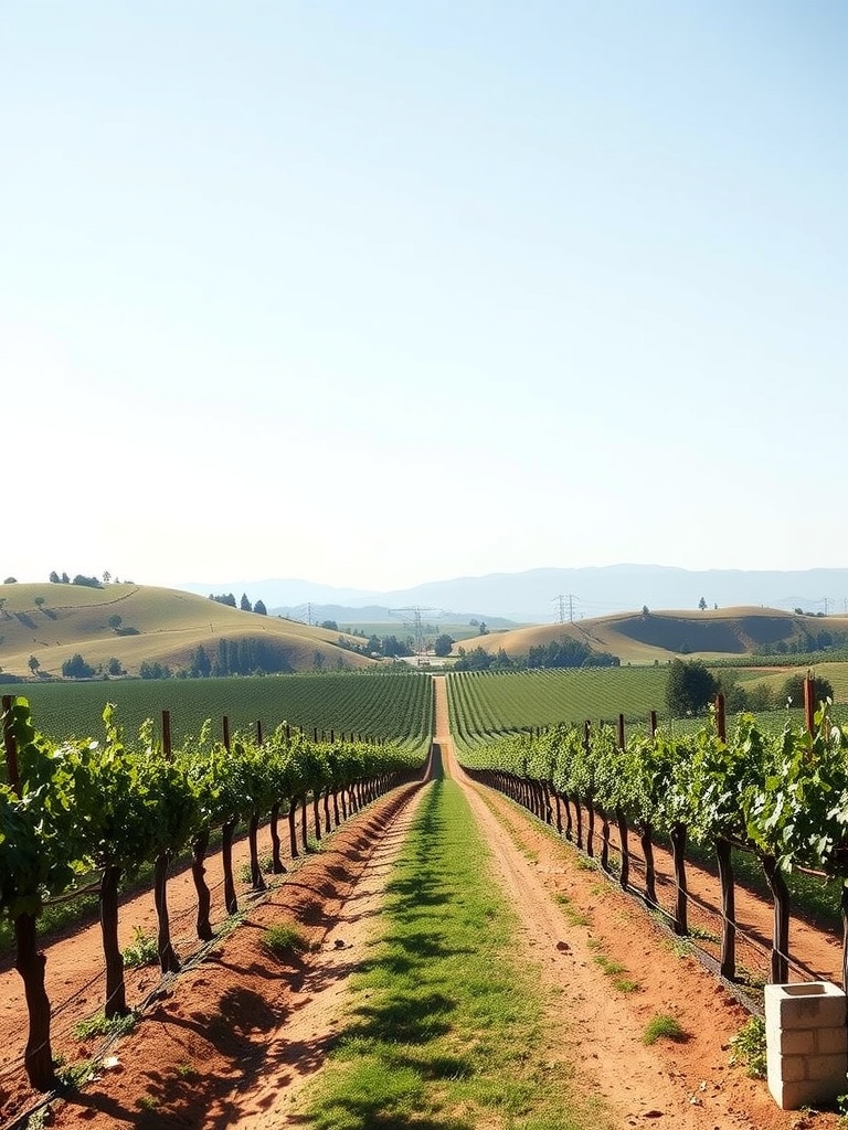 Scenic view of a vineyard with rows of grapevines and rolling hills in the background.