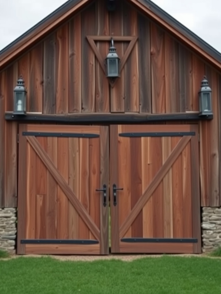 Rustic barn doors with lanterns on either side