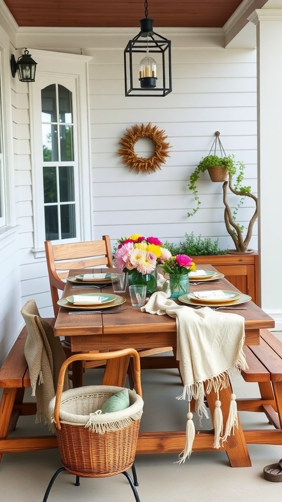 A rustic farmhouse table setting on a front porch, featuring a wooden table, colorful flowers, and cozy decor.