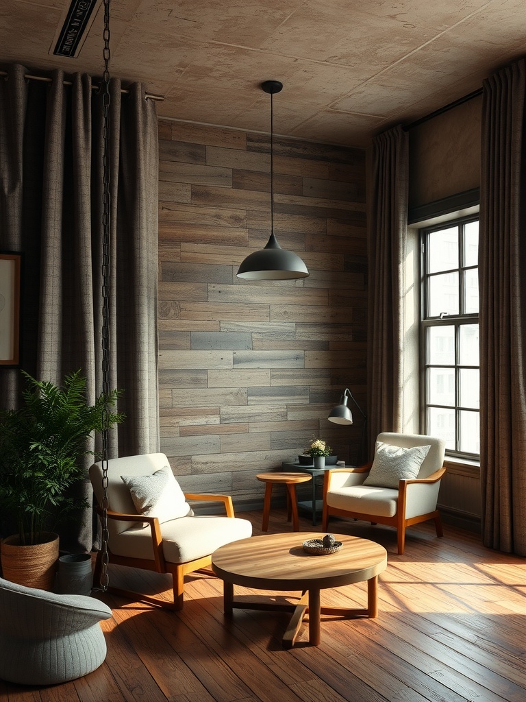 A cozy living room with rustic textured drapery panels, wooden furniture, and warm lighting.