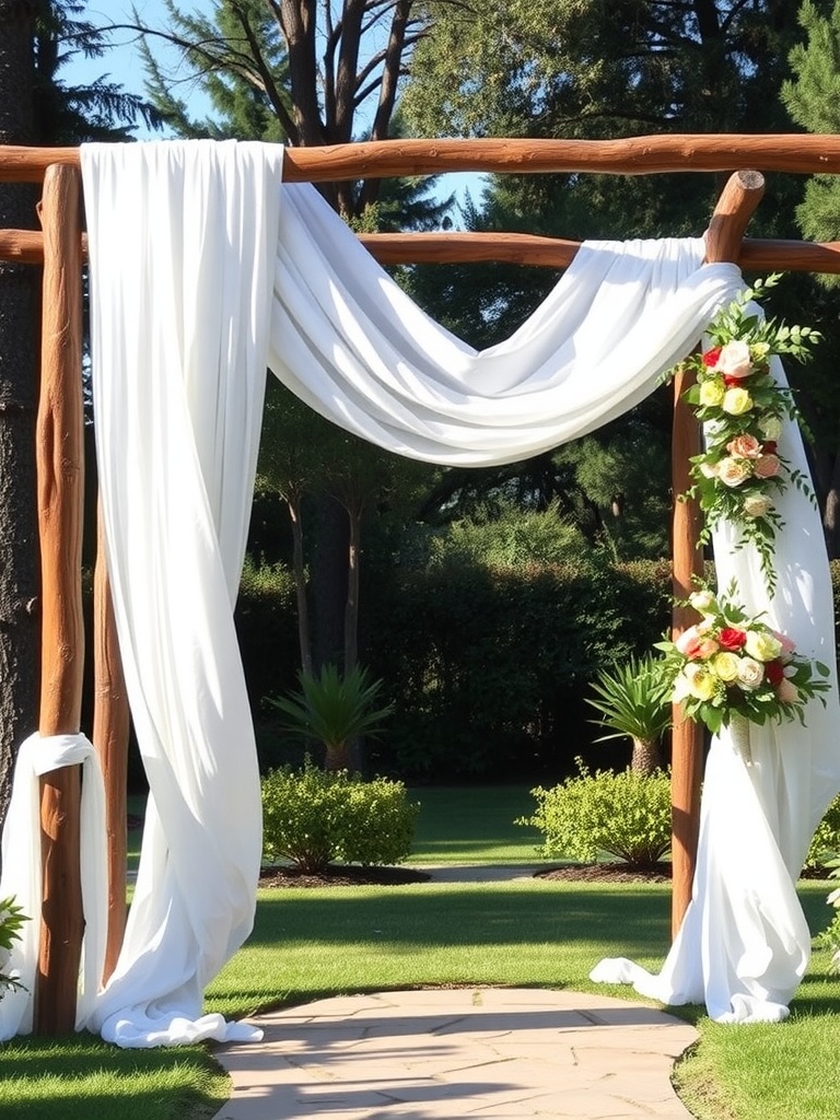 Rustic wooden arch with white drapery and floral decoration in a garden setting