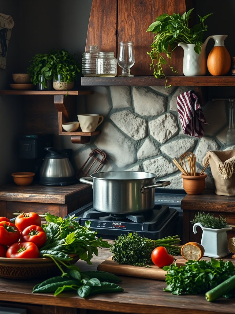 A cozy kitchen scene with fresh vegetables and a pot on the stove.