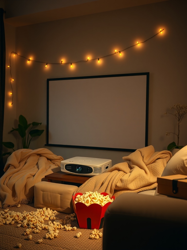 Cozy living room setup for a romantic movie night with blankets, popcorn, and string lights.
