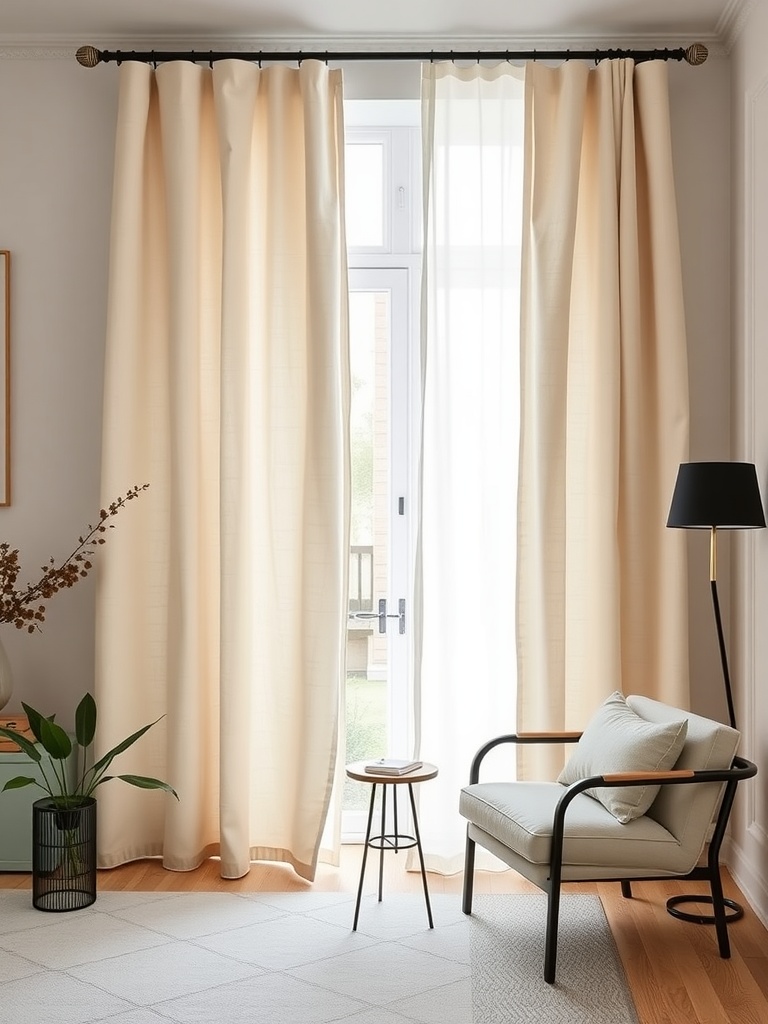 Light-colored linen blend drapery panels in a modern living space