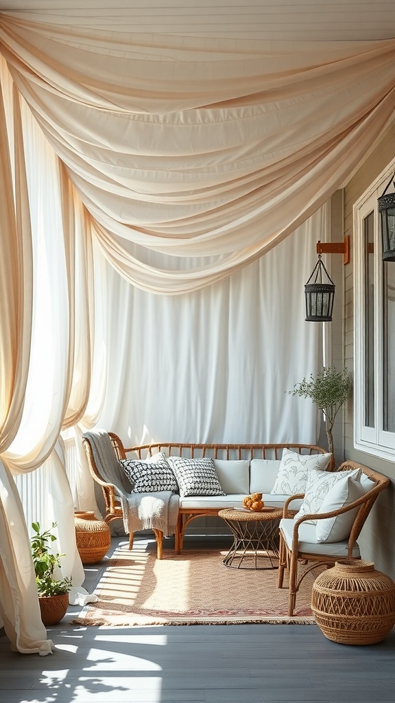 A boho-inspired front porch with soft fabric draping and cozy seating.