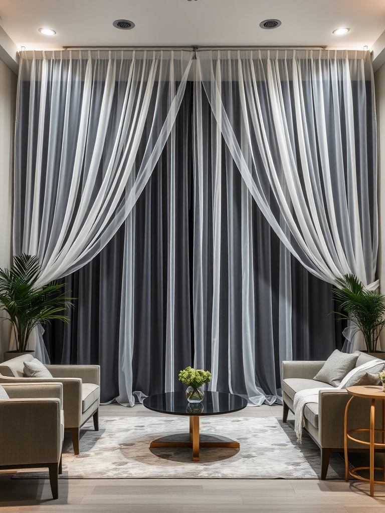 Elegant black and sheer drapery panels in a modern living room setting.