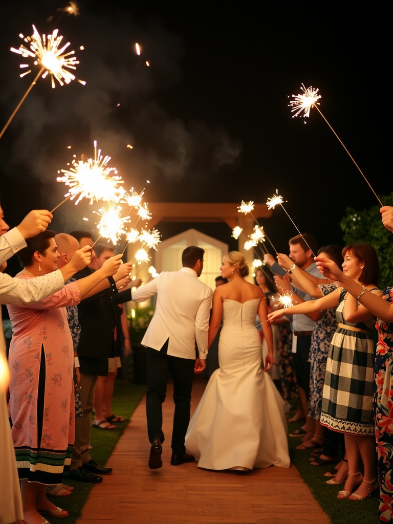 Couple walking through a sparkler exit with guests celebrating