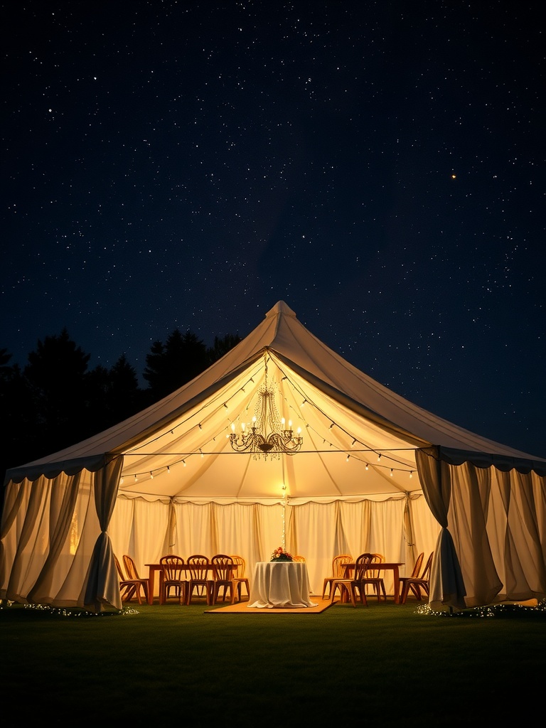 A beautifully lit tent under a starry night sky, creating an intimate wedding atmosphere.