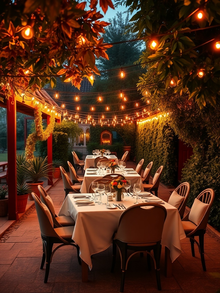 A beautifully arranged outdoor dining area with tables set for a garden wedding, adorned with string lights overhead.