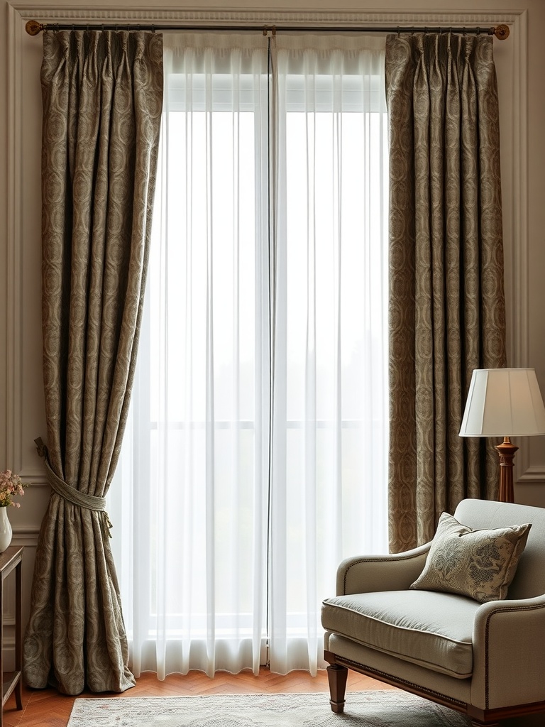 Textured jacquard drapery panels framing a bright window with sheer curtains.