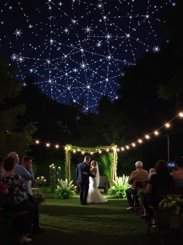 A garden wedding scene illuminated by projector lights creating a starry sky effect.
