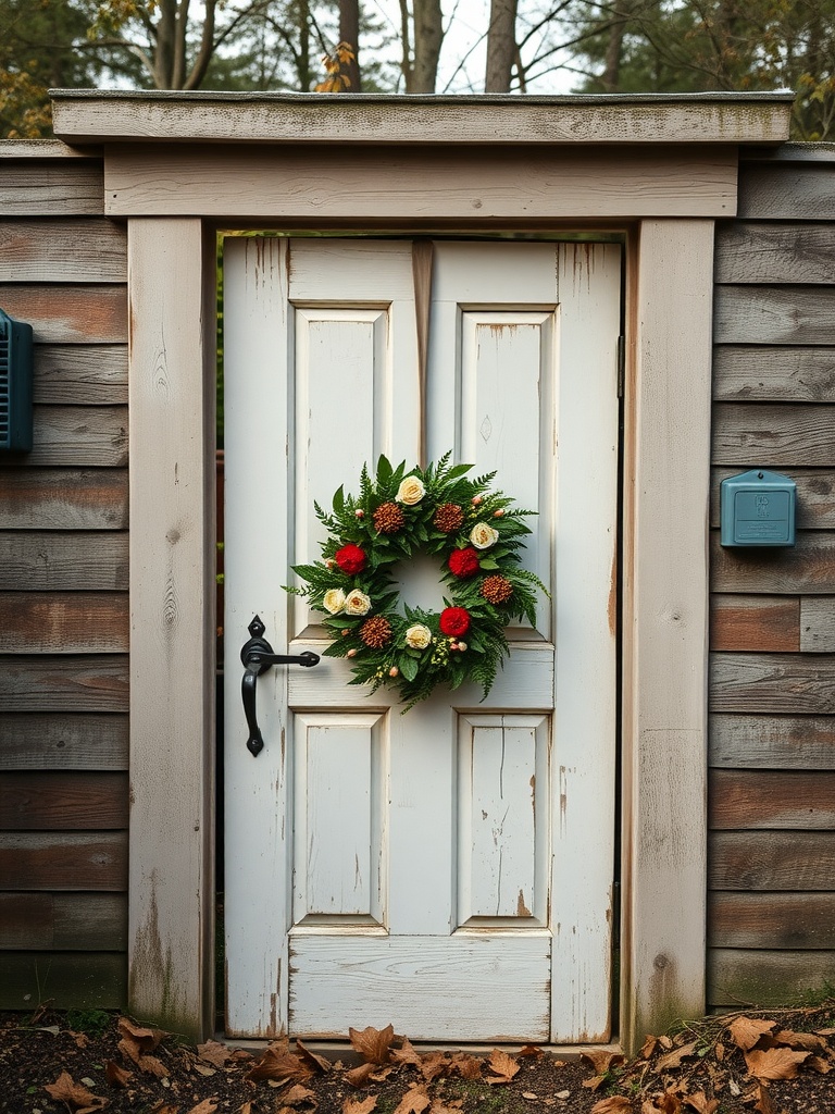 A vintage white door with a wreath made of flowers and greenery.