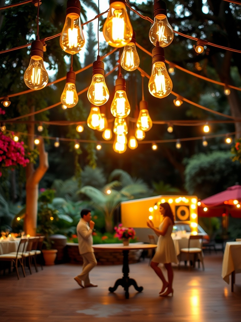 Suspended vintage Edison bulbs over a dance floor in a garden setting.