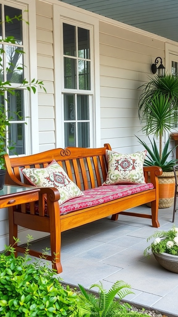 A vintage wooden bench on a porch with colorful cushions and surrounding plants.