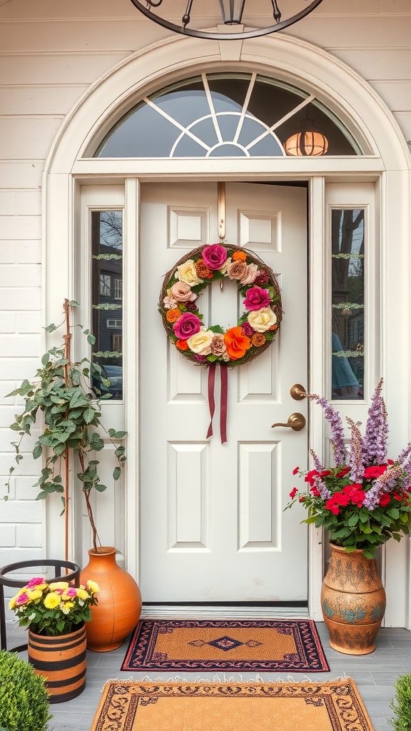 Decorative front door with a floral wreath and potted plants