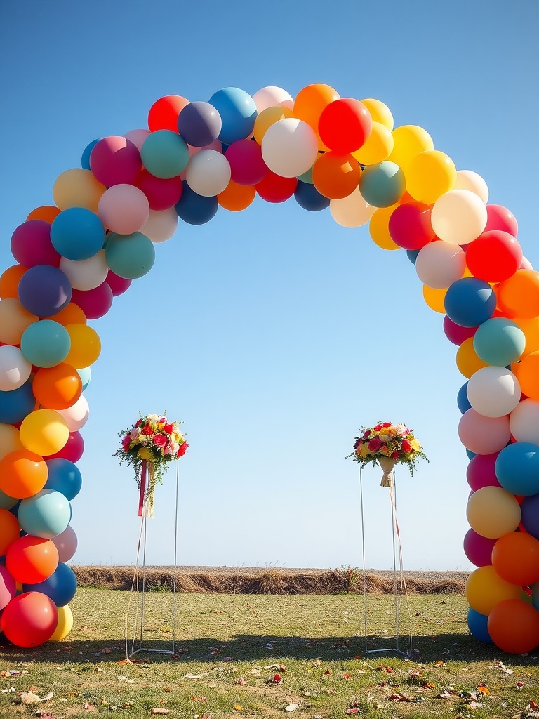A colorful balloon arch with flowers on either side, set against a clear blue sky.