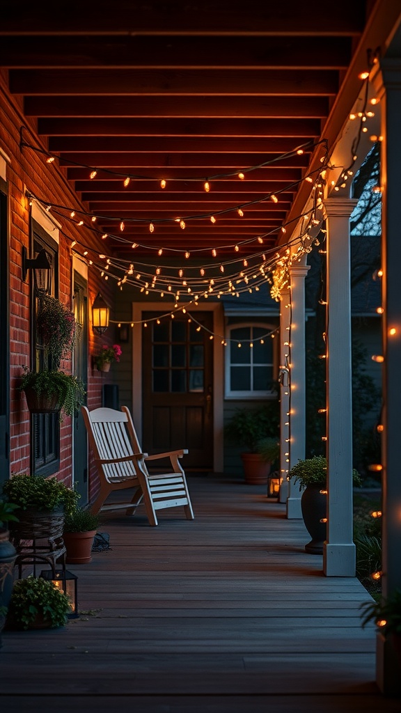 A charming front porch adorned with string lights, showcasing a cozy seating area and potted plants.