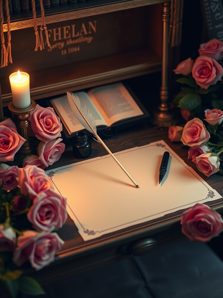 A cozy writing desk with roses, a candle, an open book, and a feather quill ready for handwritten letters.