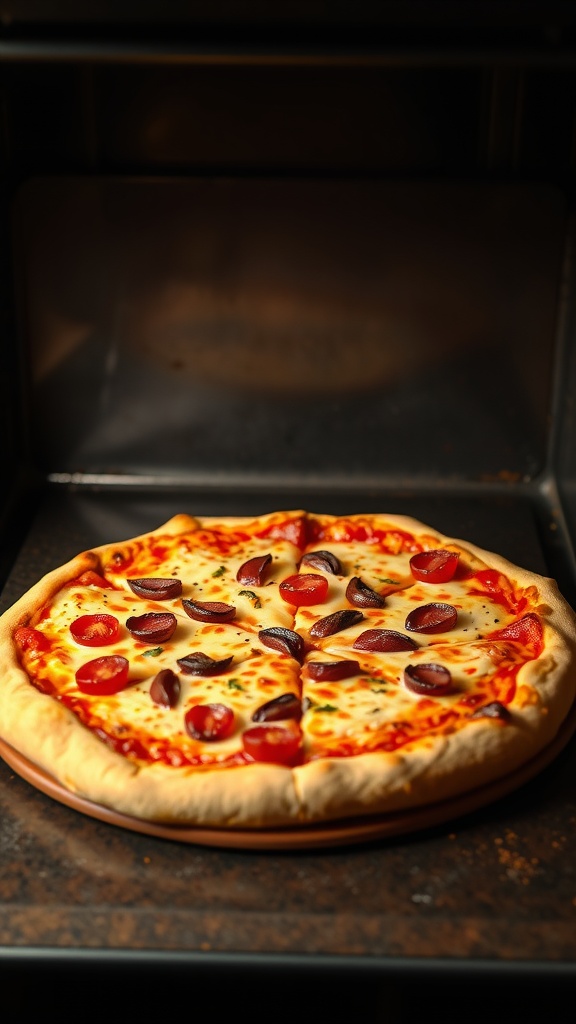 A freshly baked homemade pizza with toppings