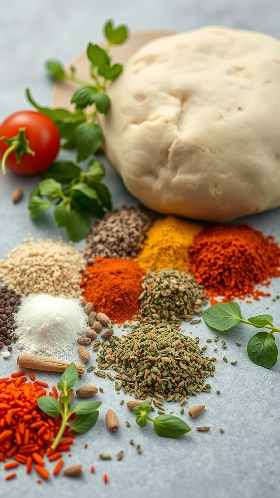 Homemade pizza dough ingredients including flour, herbs, and spices.