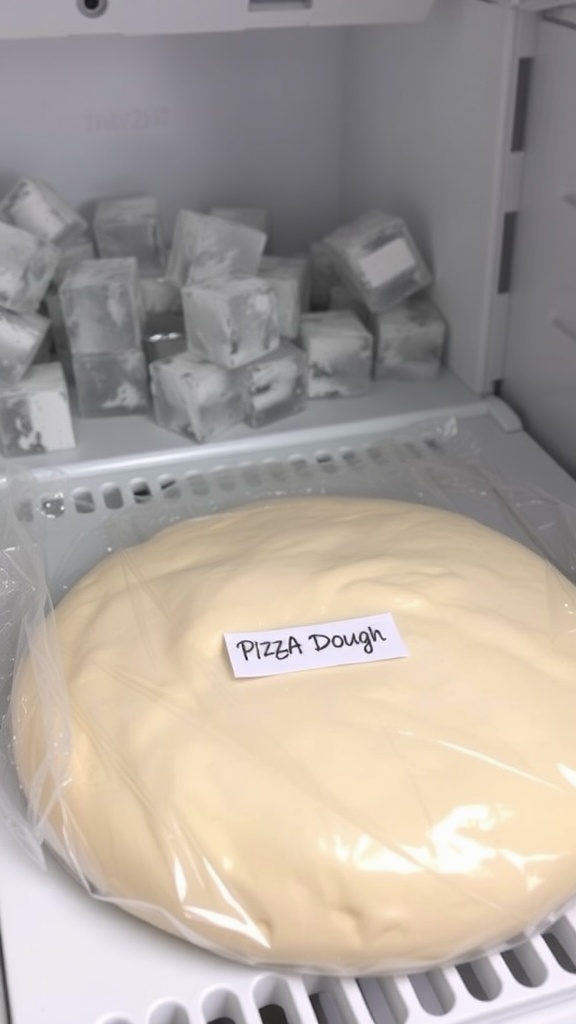 A labeled bag of pizza dough in a freezer, surrounded by ice cubes
