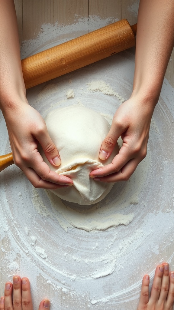 Hands kneading pizza dough on a floured surface with a rolling pin