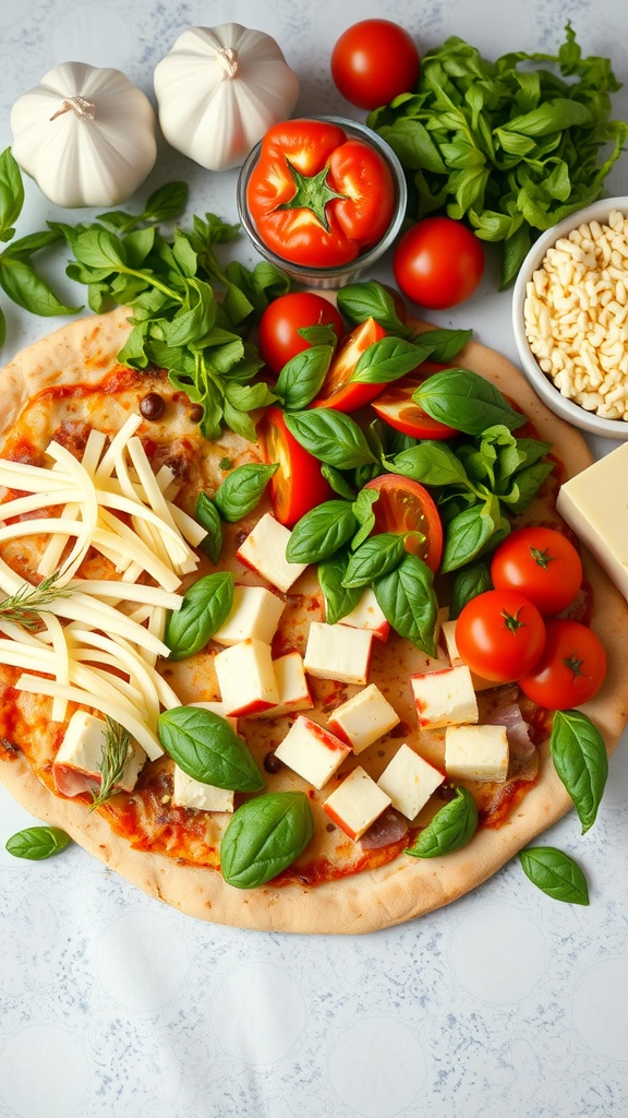 Homemade pizza dough with various fresh toppings