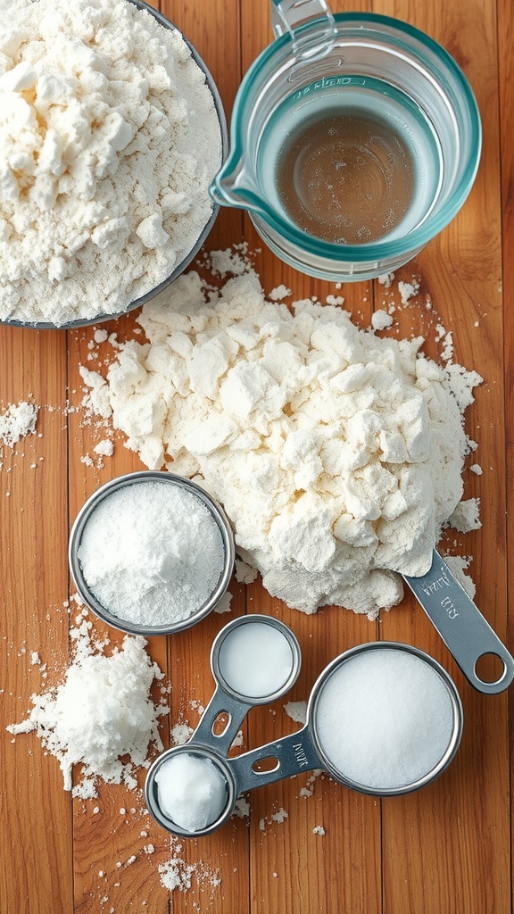 Ingredients and measuring tools for making pizza dough