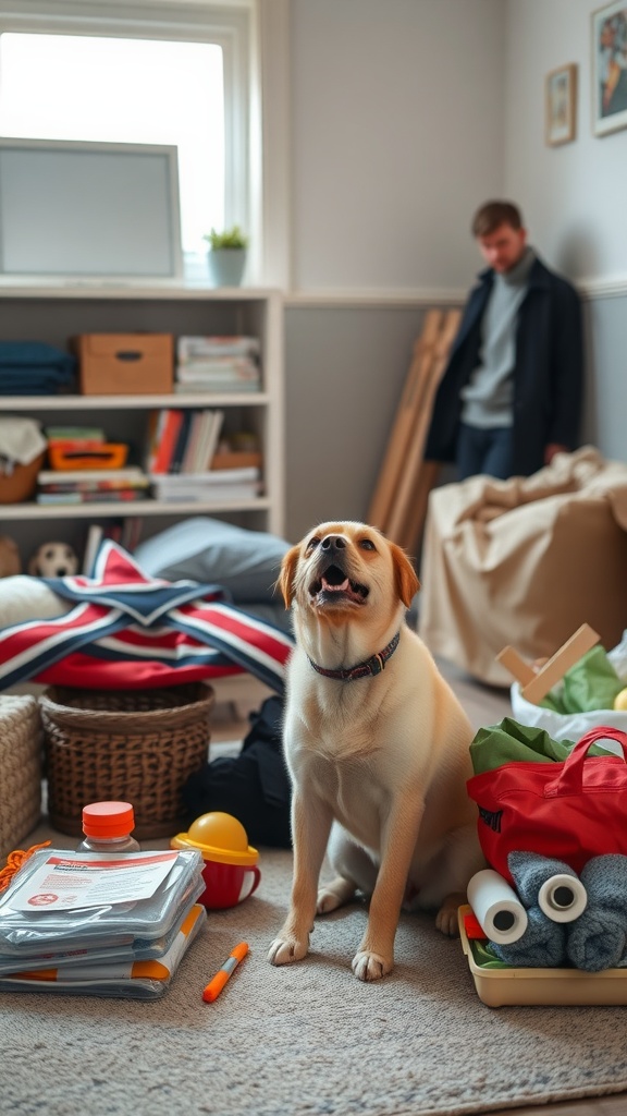 A happy dog sitting in a cluttered room with emergency supplies around.