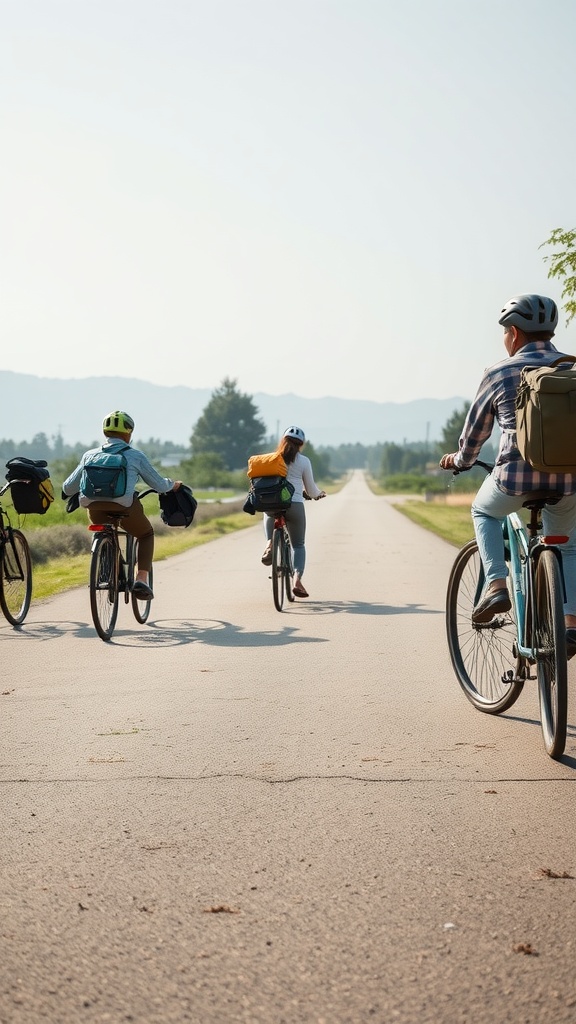 A group of people biking down a rural road on a sunny day.