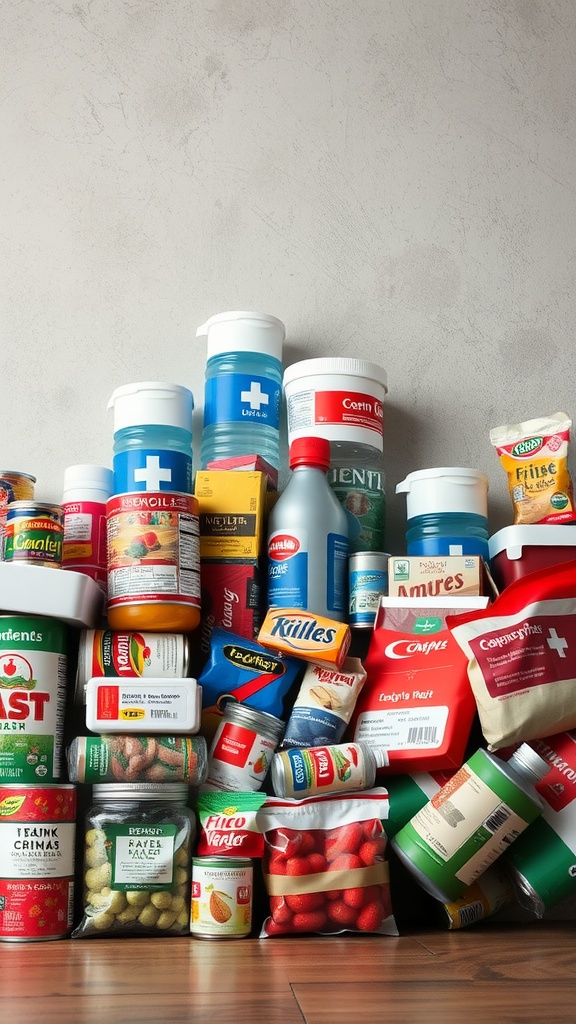 A colorful display of various canned goods, cleaning supplies, and food containers stacked together, representing budget-friendly stockpiling.