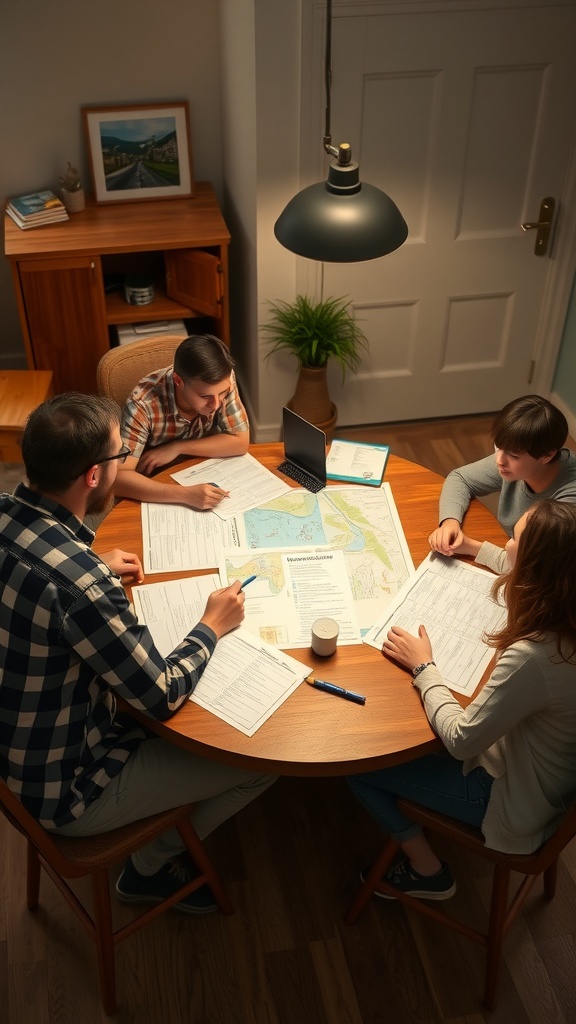 Family discussing emergency plans at a table with maps and notes.