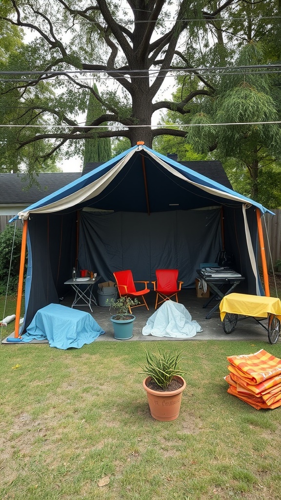 A backyard emergency shelter tent set up with chairs and supplies.