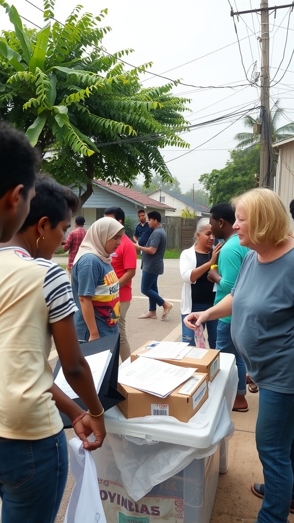 A diverse group of people in a community gathering, discussing and sharing resources.