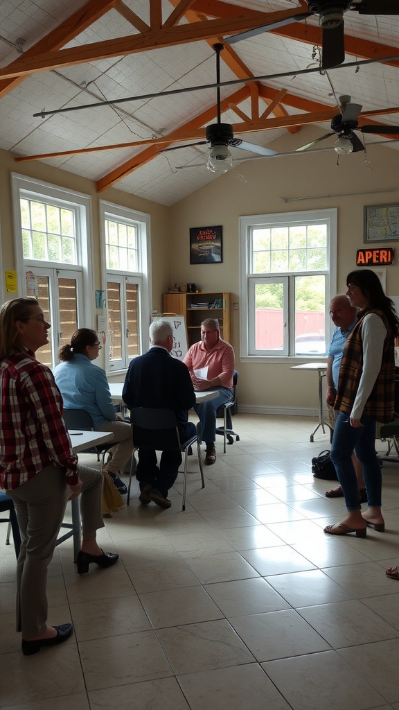 A community meeting room with people discussing disaster preparedness.