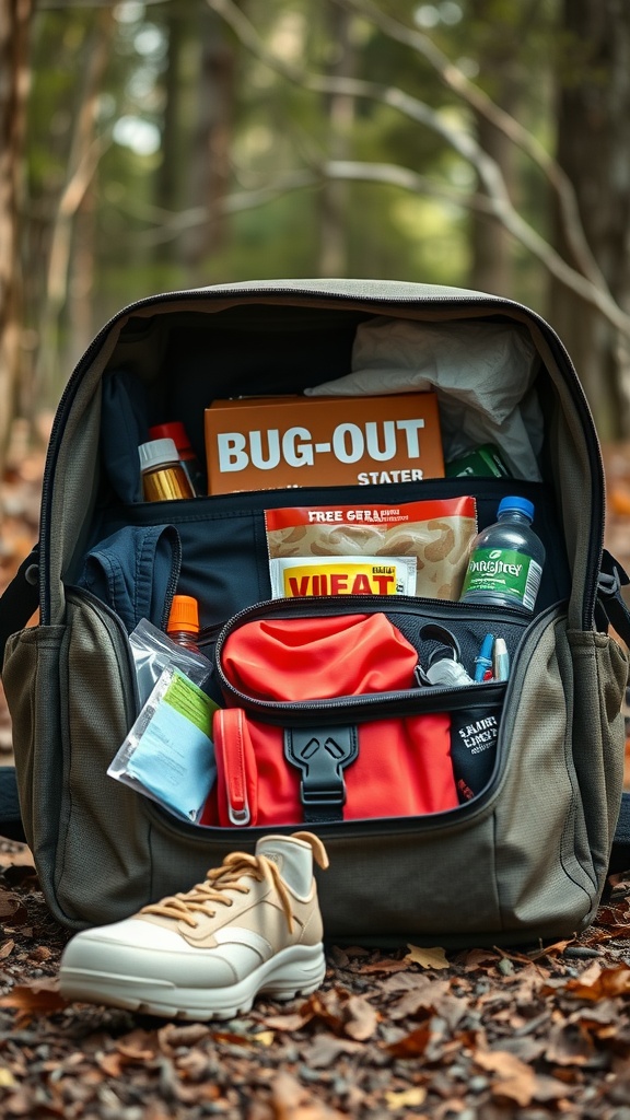 A bug-out bag packed with emergency supplies, including food, water, and a first-aid kit, set against a forest backdrop.