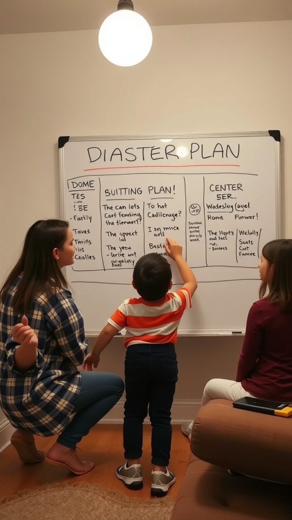 A family discussing and writing down their disaster plan on a whiteboard.